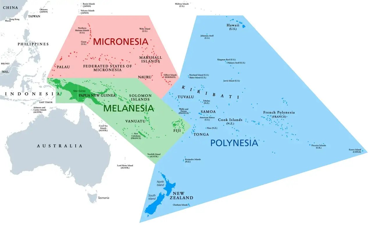 Mapa przedstawiająca region Oceania, podzielony na Mikronezję, Melanezję i Polinezję, z zaznaczonymi państwami i terytoriami.