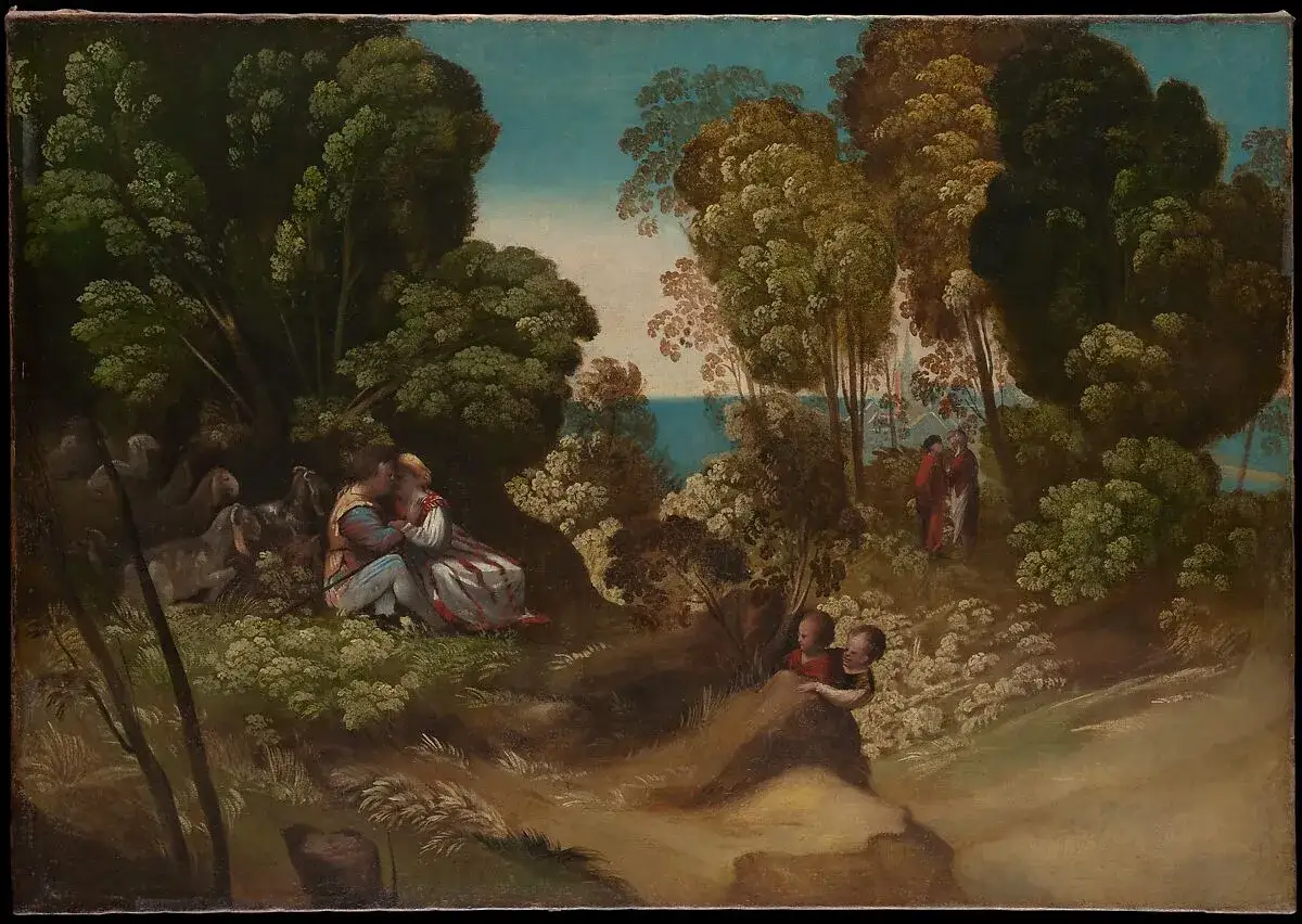 Romantisches Paar unter B&auml;umen, Schafe und Kinder in einer idyllischen renaissance landschaftsmalerei.