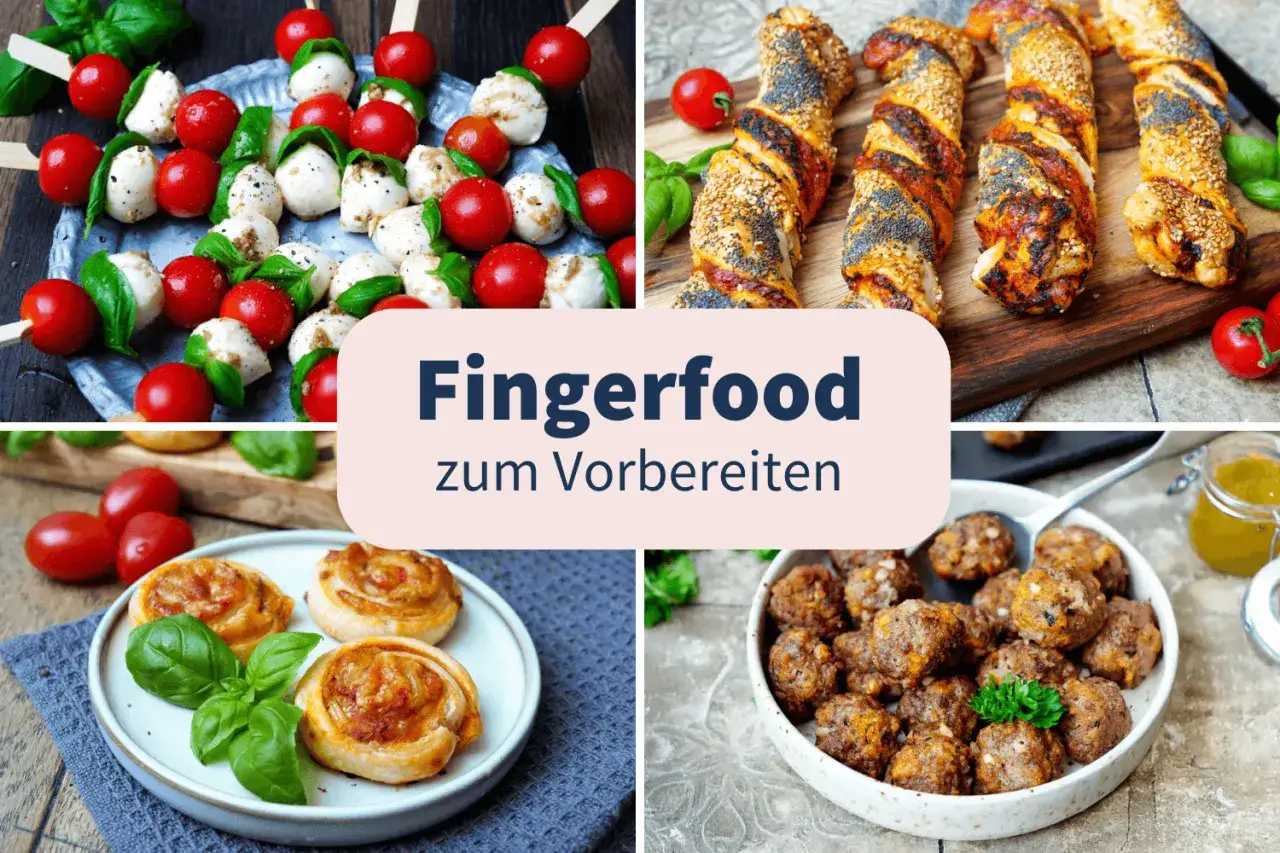 Leckere Vorspeisen Ideen: Caprese-Spie&szlig;e, herzhafte Teigschnecken, Hackb&auml;llchen und Bl&auml;tterteig-R&ouml;llchen. Perfekt zum Vorbereiten!