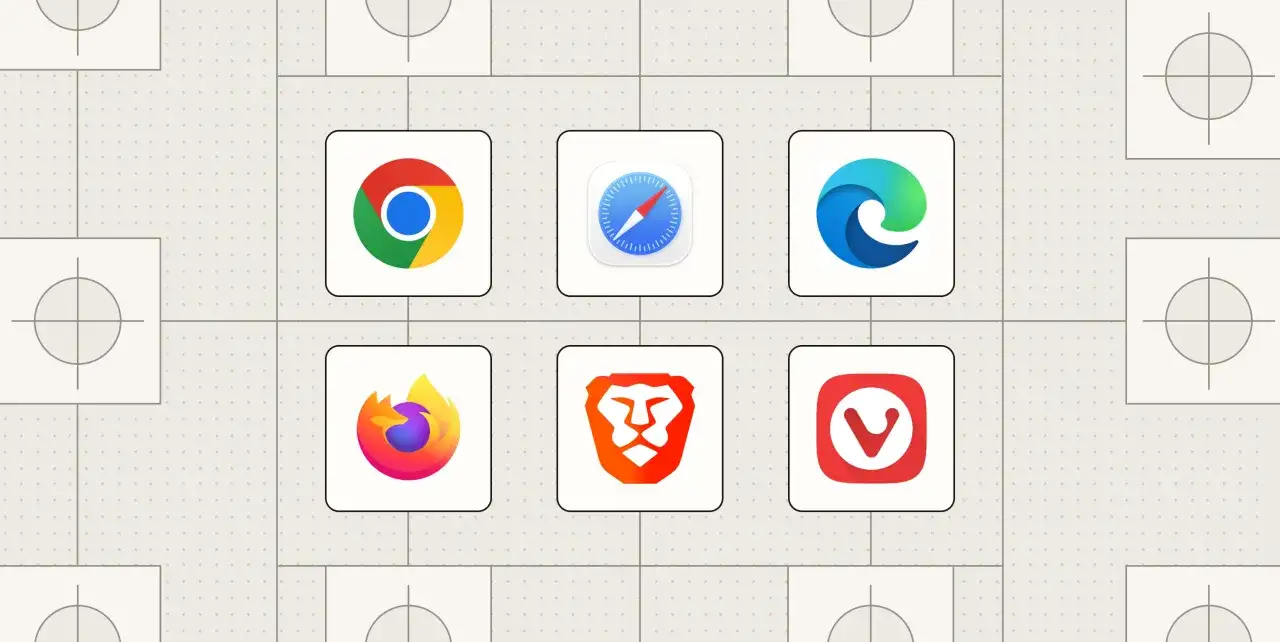 Przeglądarki internetowe lista: Google Chrome, Safari, Edge, Firefox, Brave, Vivaldi.