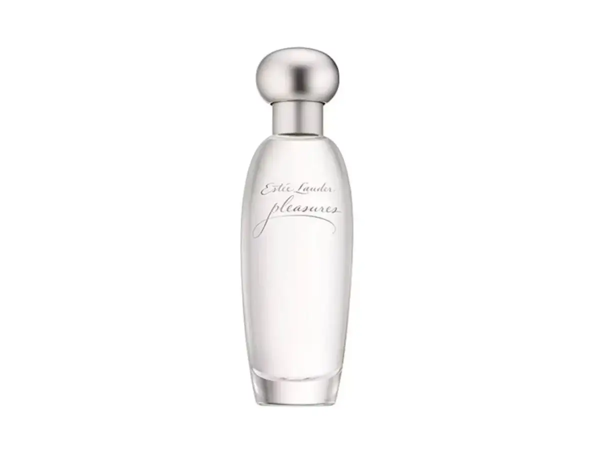 Eleganckie perfumy lat 90 damskie Estée Lauder Pleasures w szklanej butelce z metalową nakrętką.