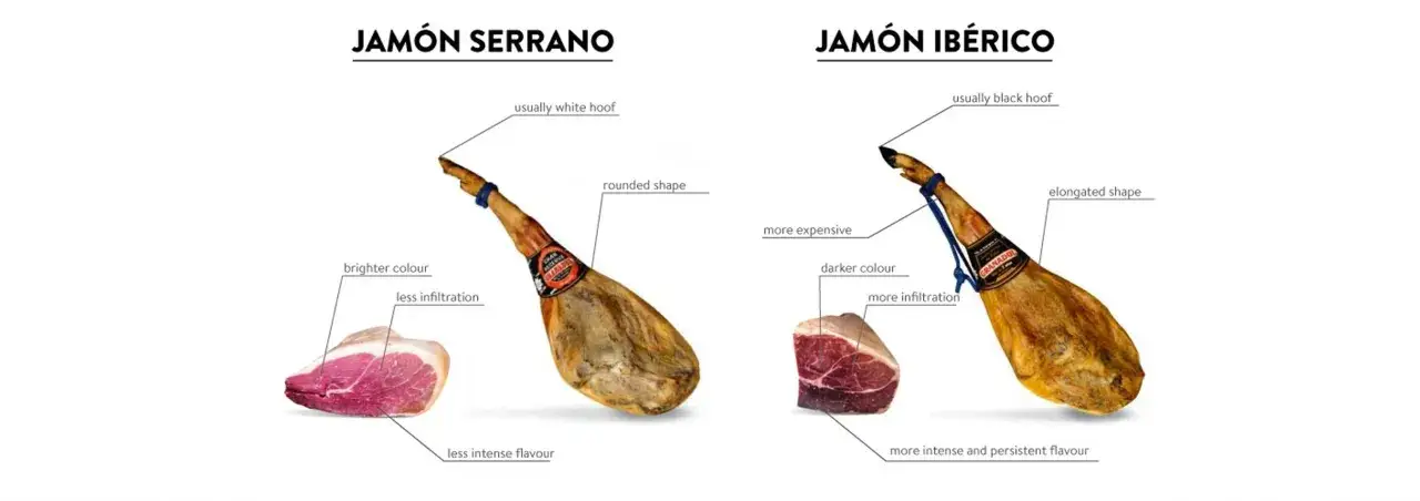 Comparativa de clases de jamón: Serrano (más claro, menos infiltración) e Ibérico (más oscuro, más infiltración, más caro).