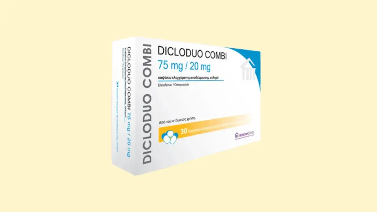 Opakowanie leku DicloDuo Combi 75 mg/20 mg, zawierającego diklofenak i omeprazol, stosowane na problemy żołądkowe.