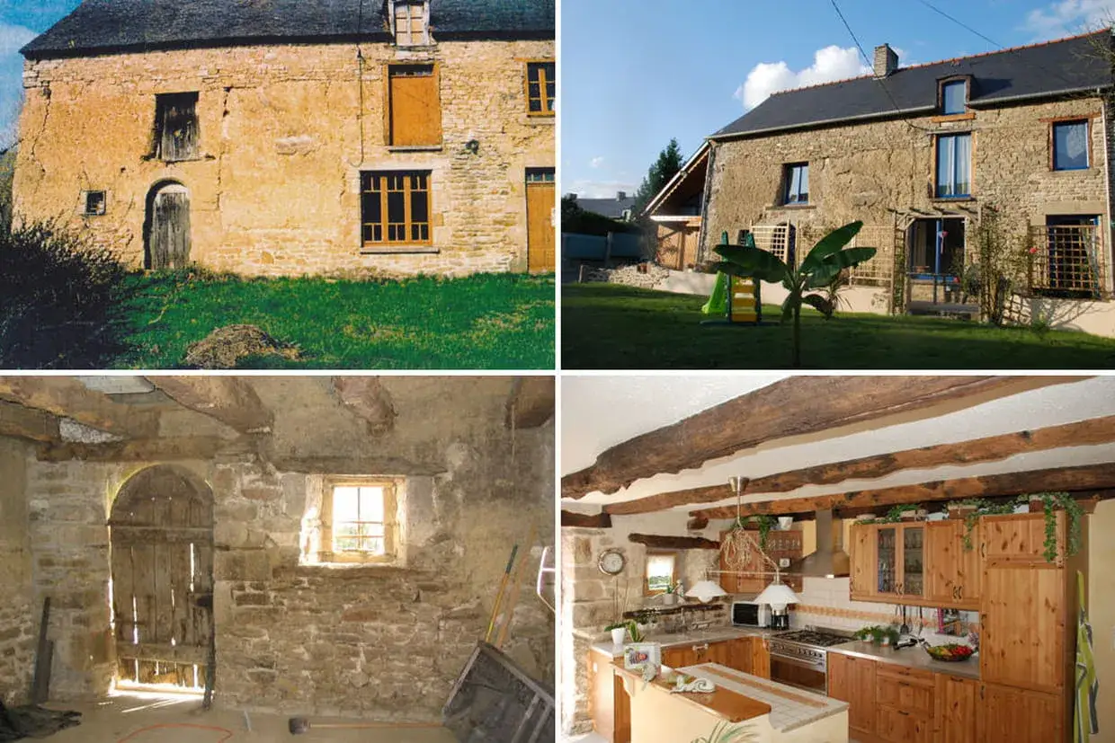 Avant/après d'une rénovation maison : une bâtisse en pierre délabrée transformée en cuisine chaleureuse et fonctionnelle.