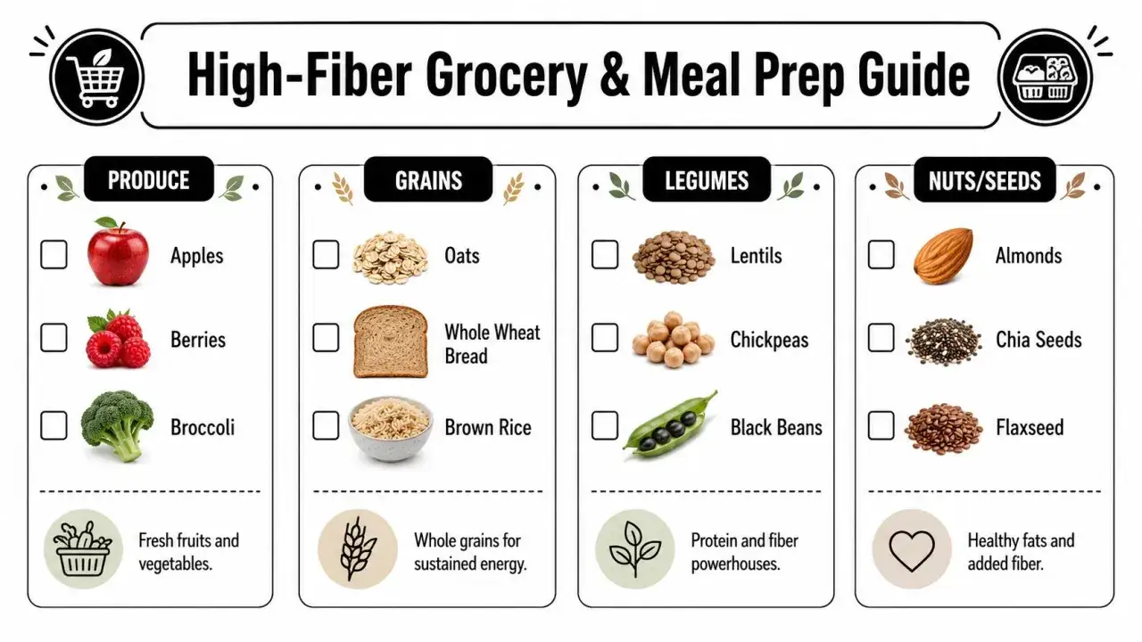 Guide d'&eacute;picerie et de pr&eacute;paration de repas riches en fibres : fruits, l&eacute;gumes, grains, l&eacute;gumineuses, noix et graines pour le transit.