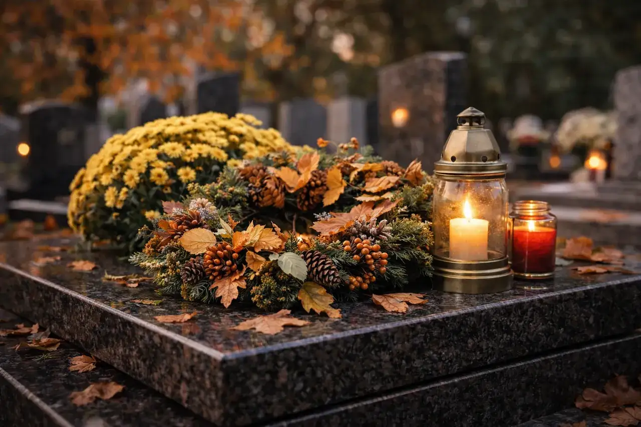 Wieniec z szyszek i liści, żółte chryzantemy i płonące znicze na nagrobku. To przypomina, dlaczego nie wolno przynosić rzeczy z cmentarza do domu.