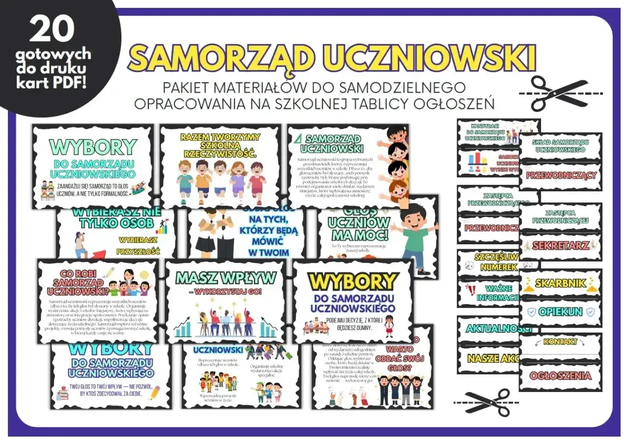 Materiały do tablicy ogłoszeń o samorządzie uczniowskim. Zachęcają do głosowania i aktywnego udziału w życiu szkoły.