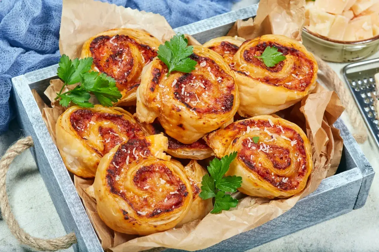 Un plateau de roul&eacute;s au jambon fromage dor&eacute;s, garnis de persil frais. Parfaits pour un ap&eacute;ritif gourmand.