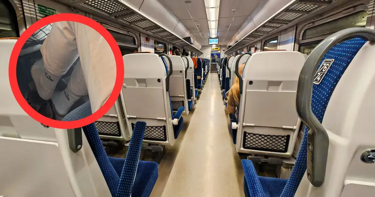 Nogi w skarpetkach na siedzeniu pociągu relacji Opole-Łódź. Puste siedzenia i długi korytarz wagonu.