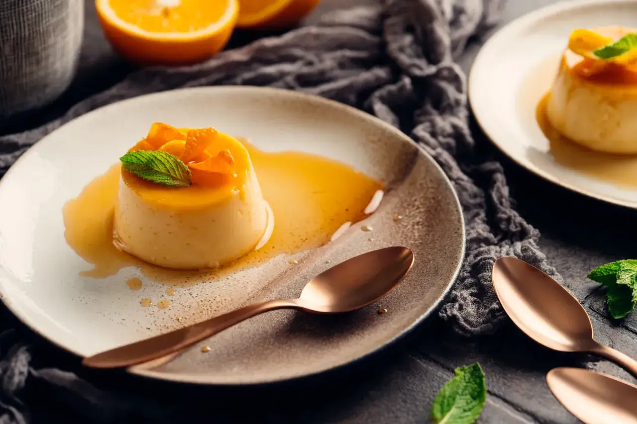 Ein köstlicher Flan, garniert mit Orangenstücken und Minze, perfekt für ein einfaches Flan Rezept.