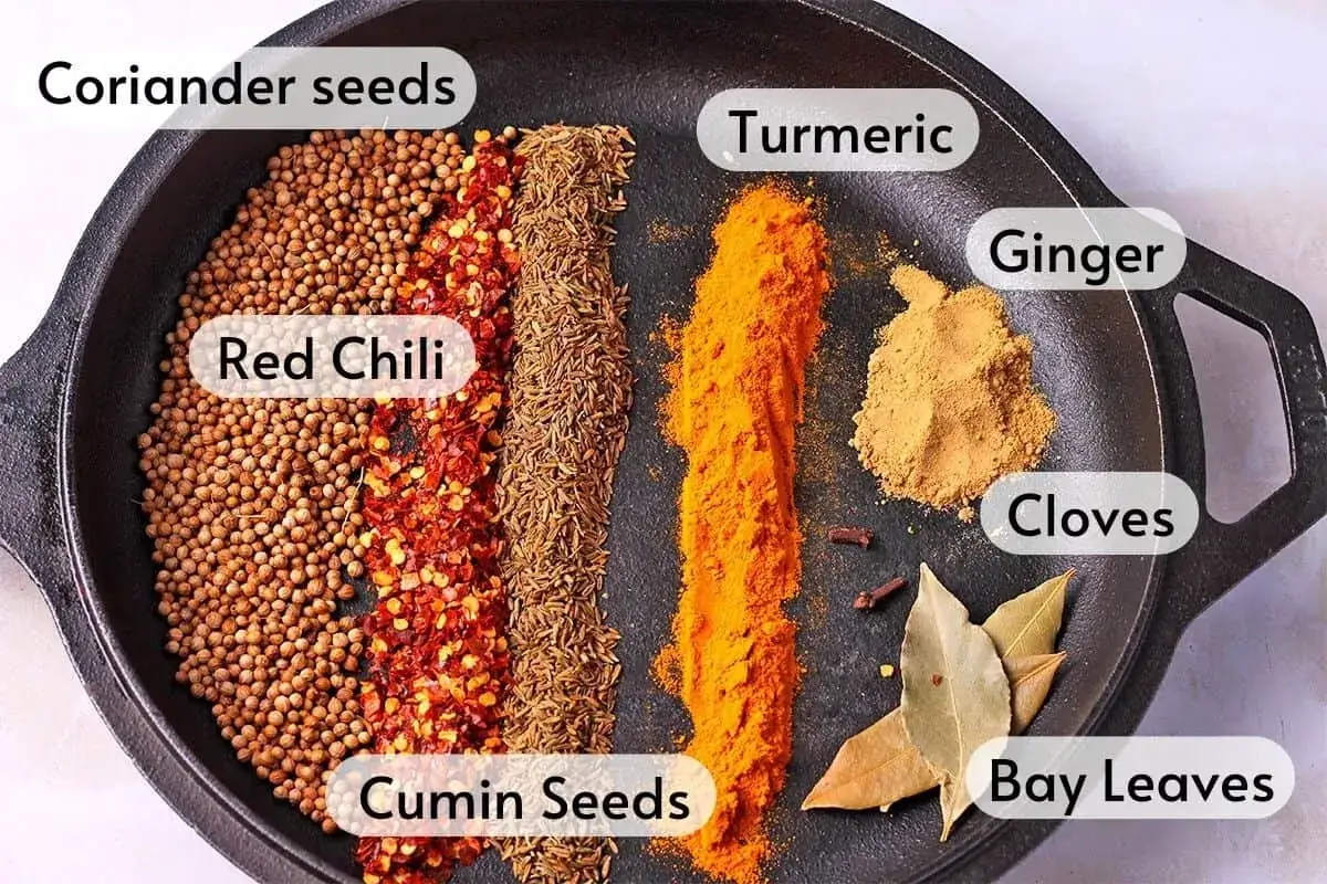 Zutaten f&uuml;r ein scharfes rotes Curry: Koriandersamen, rote Chilis, Kreuzk&uuml;mmel, Kurkuma, Ingwer, Nelken und Lorbeerbl&auml;tter in einer Pfanne.