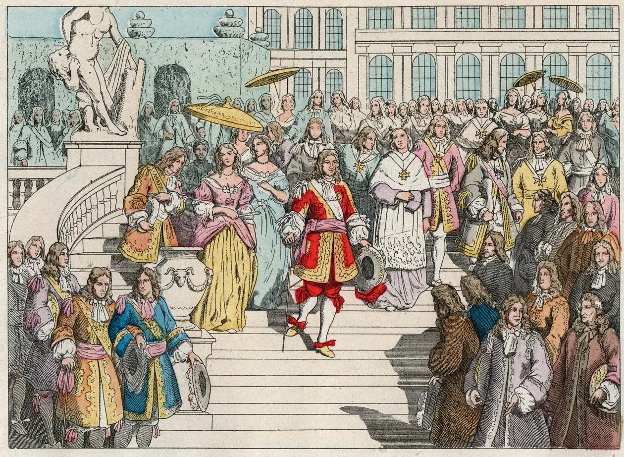 Eine Szene mit Ludwig XV. und seinen Kindern, die sich in pr&auml;chtigen Gew&auml;ndern auf einer Treppe versammeln.