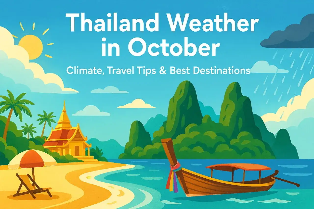 Tropische Strände, Palmen und ein Tempel. Das **Wetter Thailand Oktober** zeigt Sonne und Regen. Ein Boot liegt im Wasser.