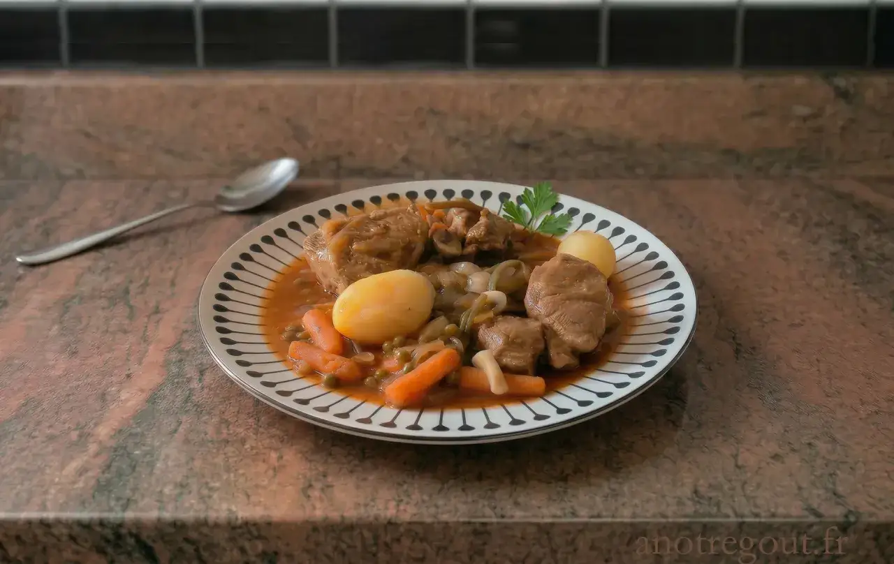 Un plat de navarin d'agneau, avec des carottes, des pommes de terre et des petits pois, prêt à être dégusté.