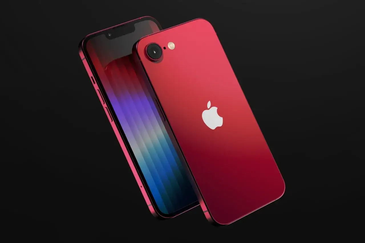 Czerwony iPhone SE 4 z białym jabłkiem na pleckach i kolorowym ekranem.