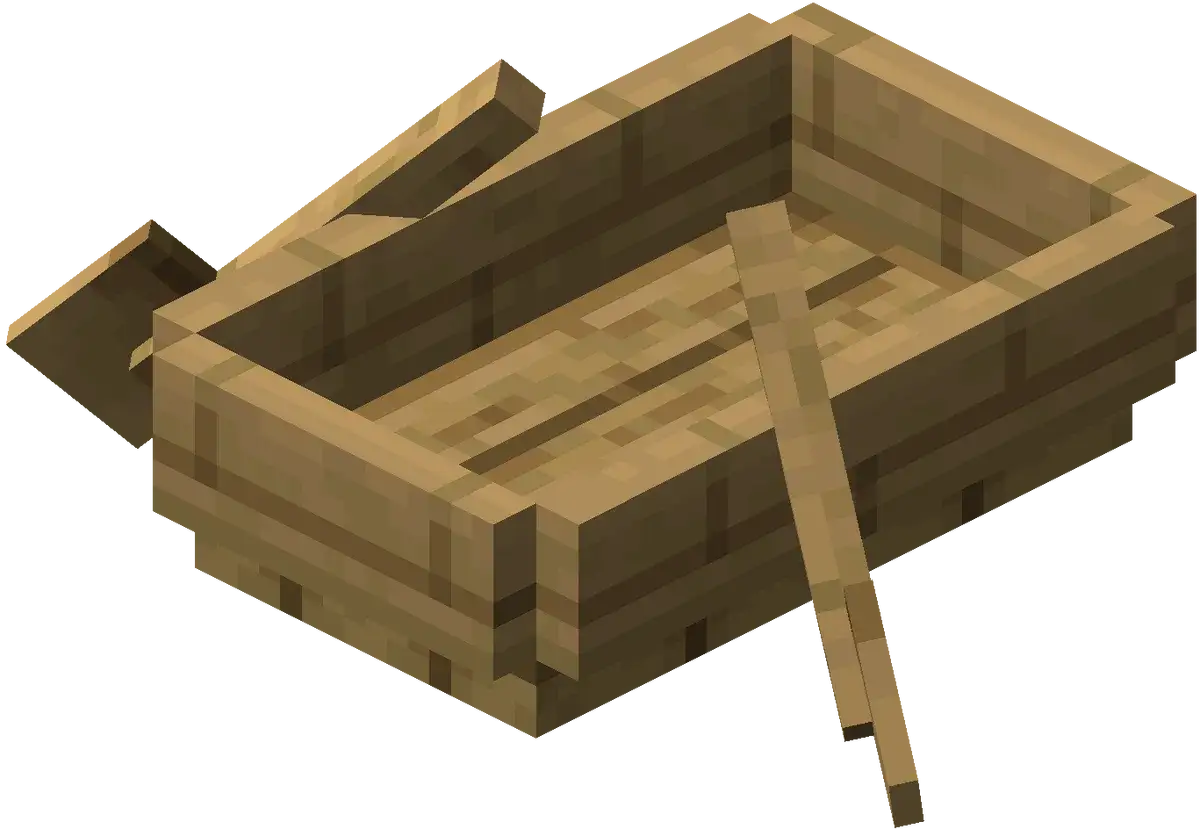 Drewniany łodzik z Minecraft, gotowy do wypłynięcia na przygodę.