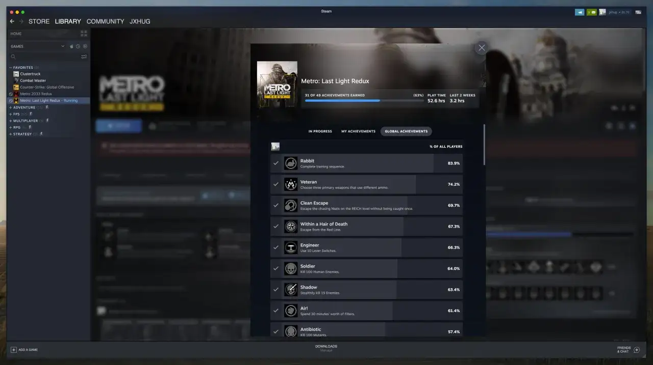 Steam achievement manager dla Metro: Last Light Redux. Widzisz 31 z 49 zdobytych osiągnięć, w tym 