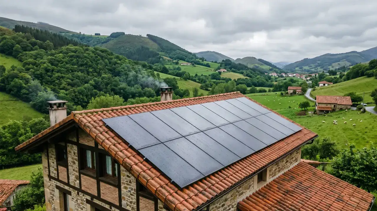 Paneles solares en tejado de casa rural, con paisaje monta&ntilde;oso y ovejas. La energ&iacute;a solar funciona incluso en d&iacute;as nublados.
