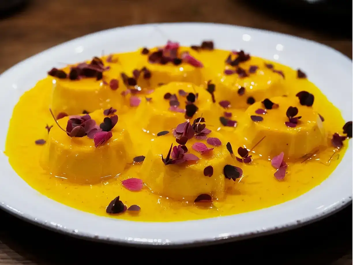 Flera små, gula desserter i en gul sås, toppade med lila blomblad. Ett vackert creme caramel recept.