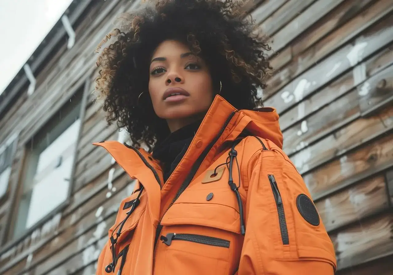 Frau im auff&auml;lligen orangefarbenen Parka, bereit f&uuml;r jedes Abenteuer im Gorpcore-Style.