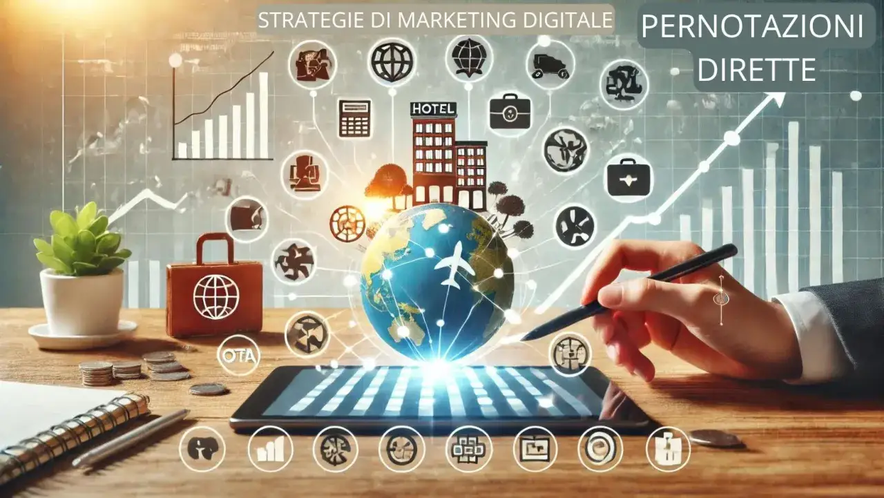 Strategie di marketing digitale per prenotazioni dirette: un globo terrestre con aereo, icone di hotel e valigette, e grafici di crescita. Le **online travel agencies** sono rappresentate da icone e dal tablet.