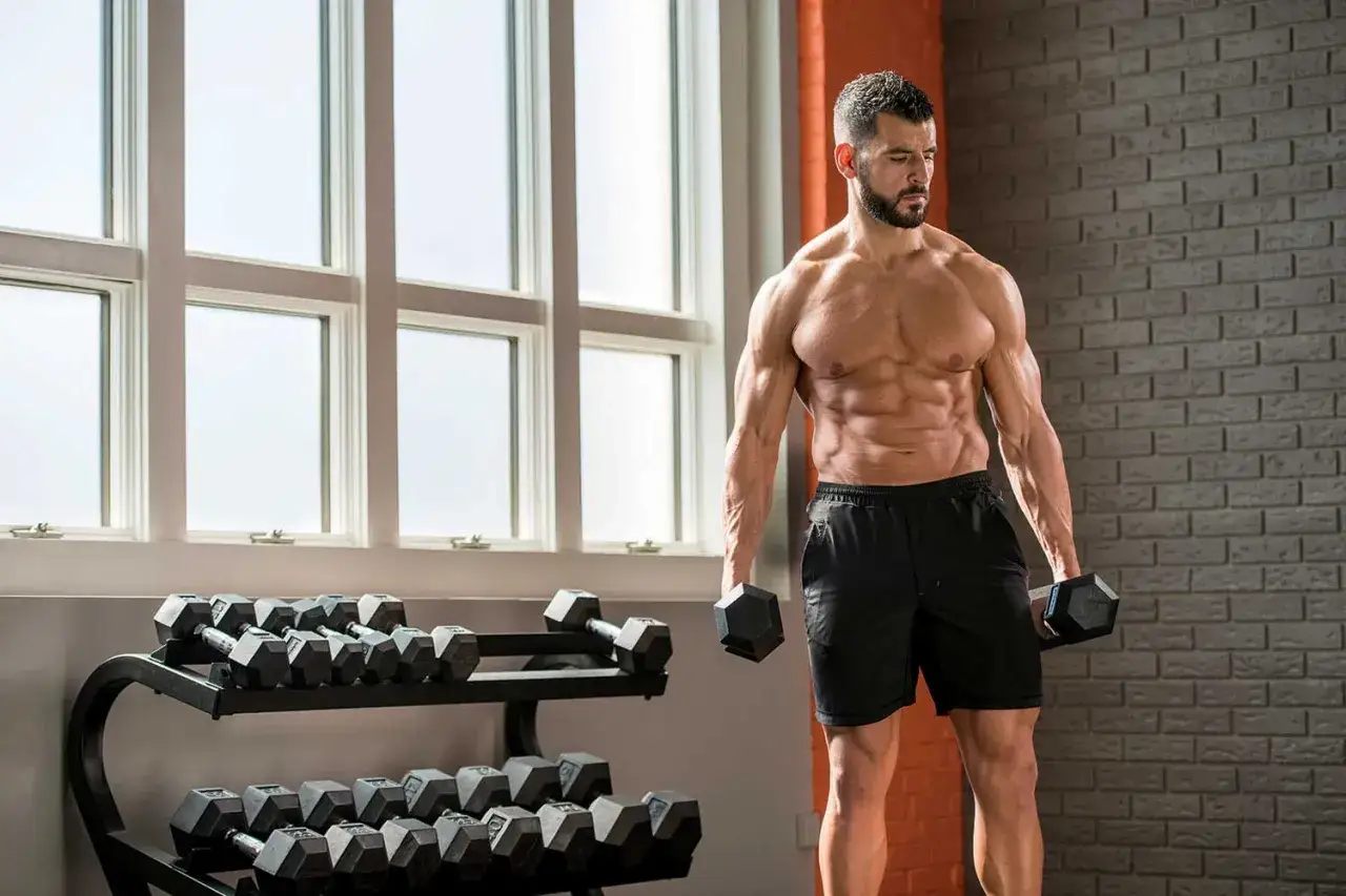 Mężczyzna z wyrzeźbionym brzuchem trzyma hantle. To inspiracja, jak zgubić brzuch u mężczyzny ćwiczenia.