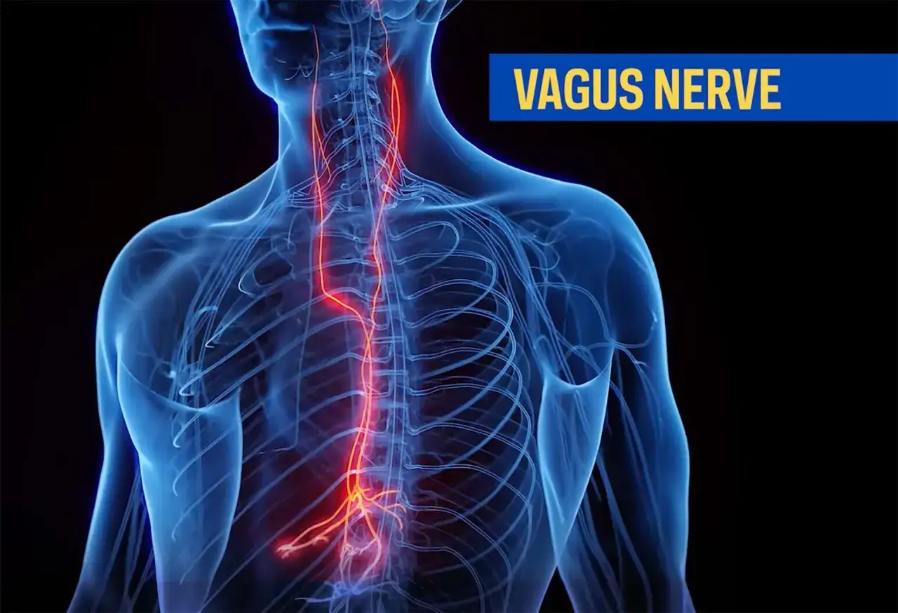 Der Vagusnerv, hervorgehoben in Rot, verl&auml;uft durch den menschlichen K&ouml;rper. Osteopathie kann hier ansetzen.