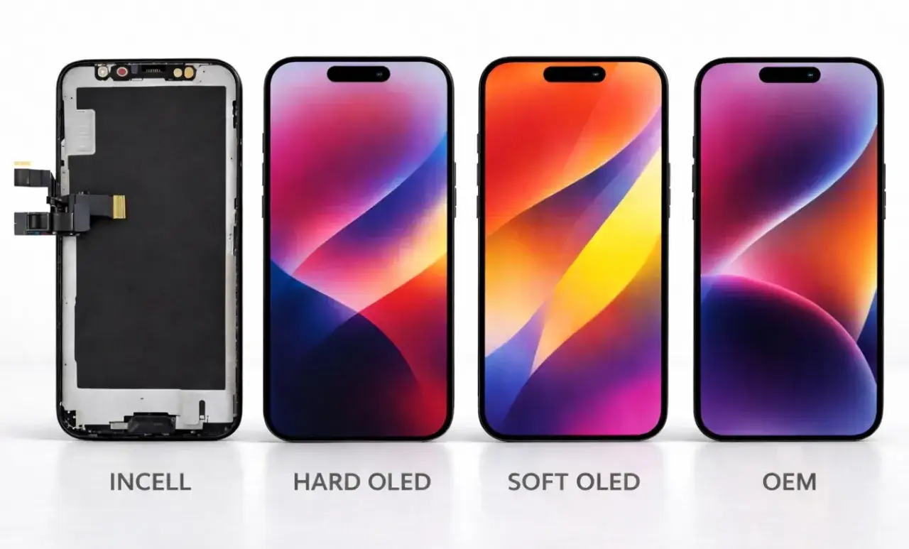 Porównanie wyświetlaczy: rozebrany ekran INCELL, HARD OLED, SOFT OLED i OEM. Każdy ekran prezentuje inną matrycę.