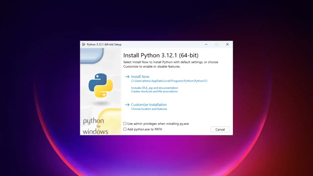 Fenêtre d'installation de Python 3.12.1 pour Windows. Options : Installer maintenant ou personnaliser.