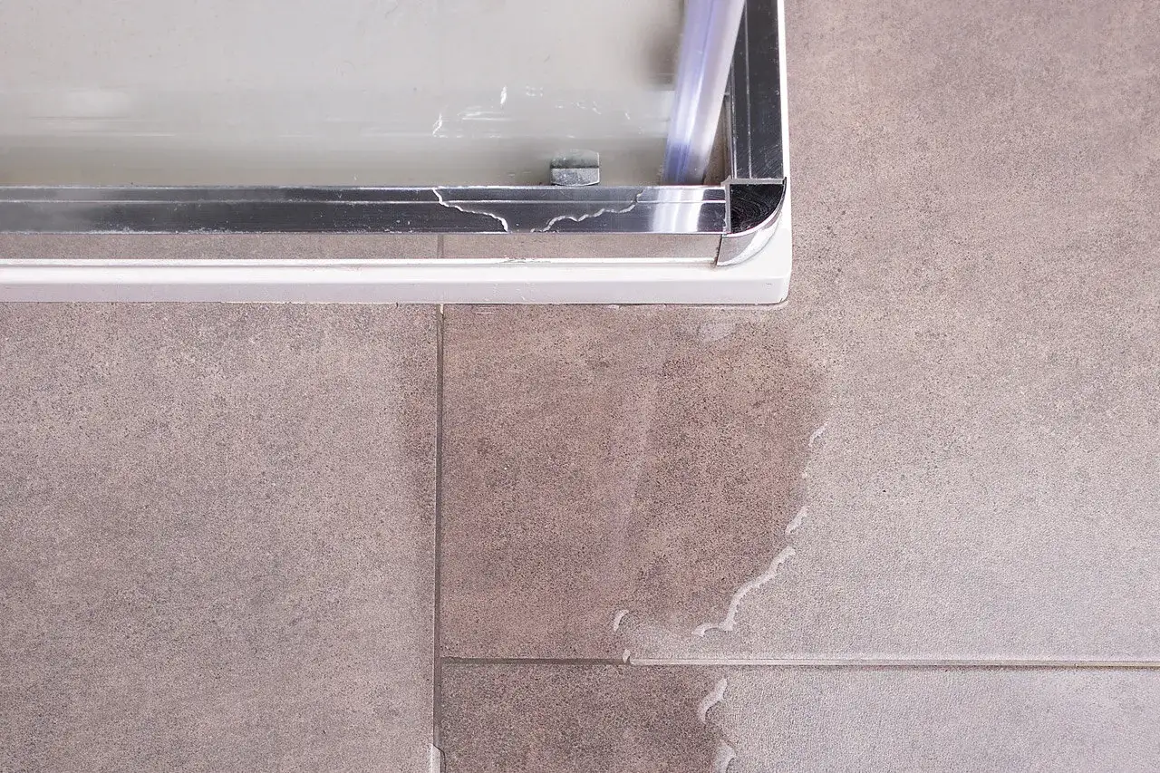 Fuite d'eau au niveau de l'installation paroi de douche. Le joint est fissur&eacute;, l'eau s'&eacute;coule sur le carrelage.