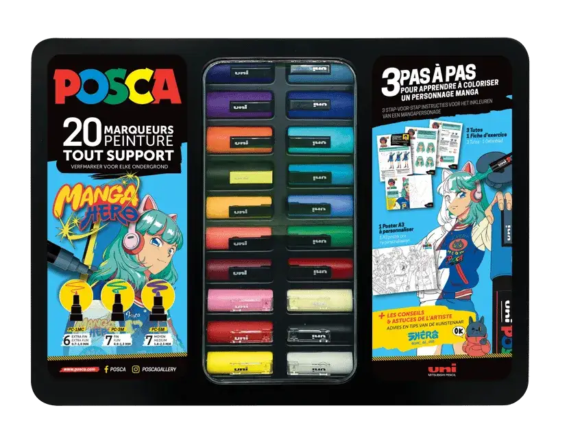 Coffret de 20 marqueurs peinture Posca pour manga, avec un personnage stylis&eacute; et des instructions pour apprendre &agrave; coloriser.