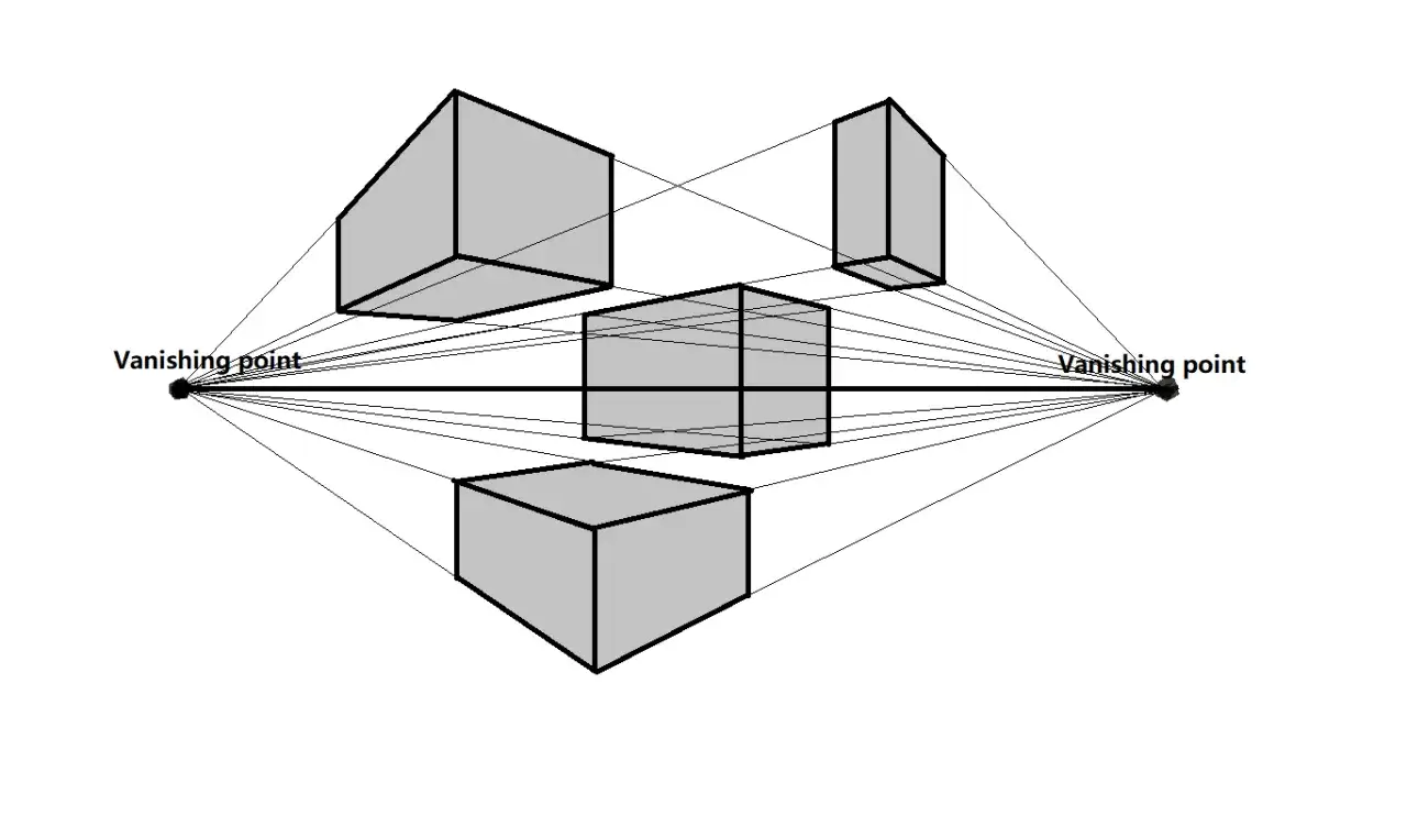 Illustration av geometriska former i 2 punkts perspektiv. Linjer dras mot två 