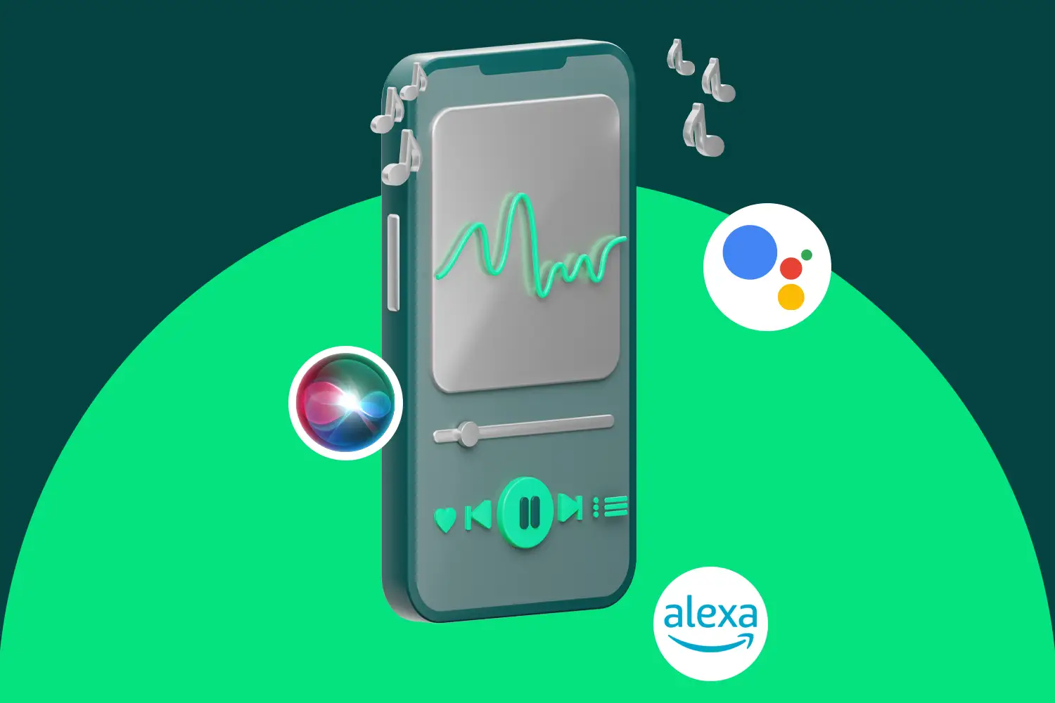 Smartfon z aplikacją muzyczną, nutki i ikony Siri, Asystenta Google i Alexy. Co to za hit?