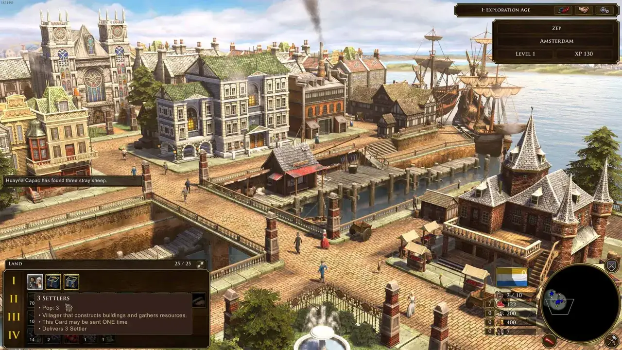 Schermata di Age of Empires 3: citt&agrave; portuale con edifici storici, navi e interfaccia di gioco. Trucchi per Age of Empires 3 attivi.