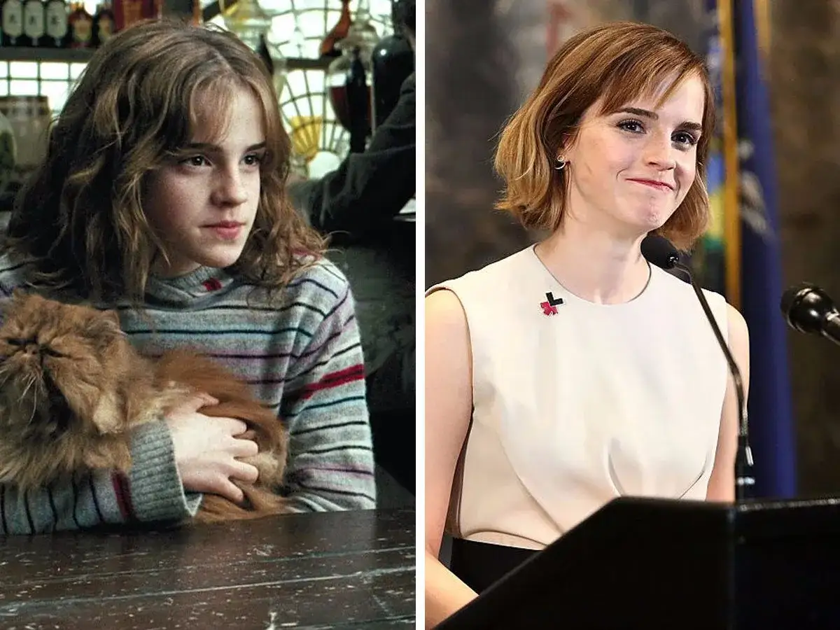 Młoda Hermiona Granger z kotem i dorosła Emma Watson, która grała tę postać.