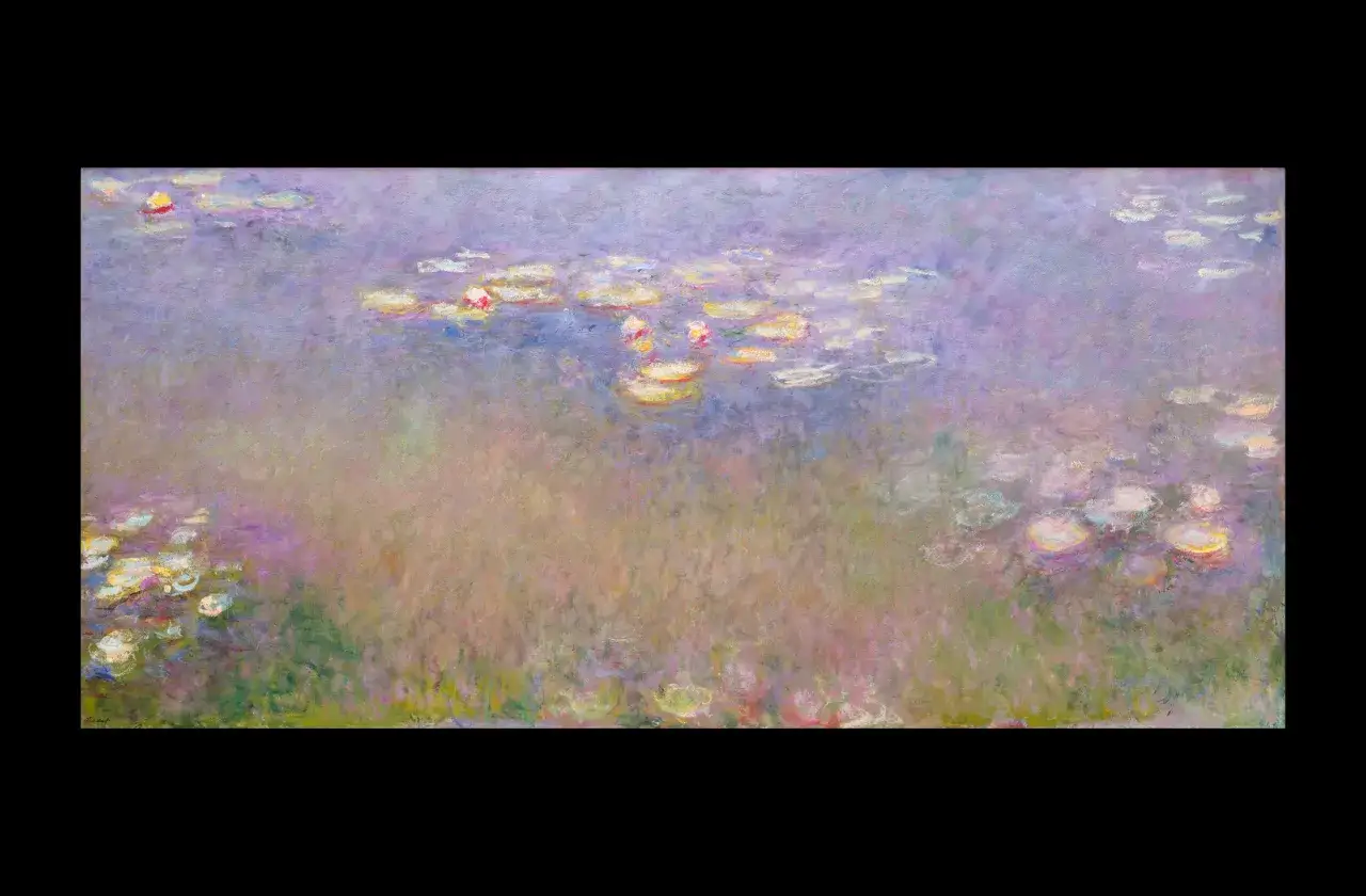 Impressionistic painting of le bassin aux nymph&eacute;as, with soft brushstrokes capturing the water lilies and reflections in the pond.