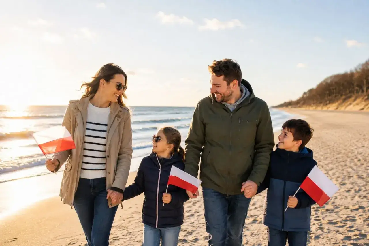 Radosny weekend z dzieckiem nad morzem. Rodzina spaceruje po plaży z polskimi flagami.