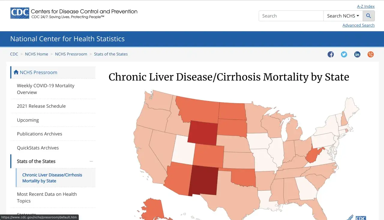 Mapa USA z zaznaczonymi stanami wg śmiertelności z powodu marskości wątroby. Dane te pomagają zrozumieć, ile się żyje z tą chorobą.