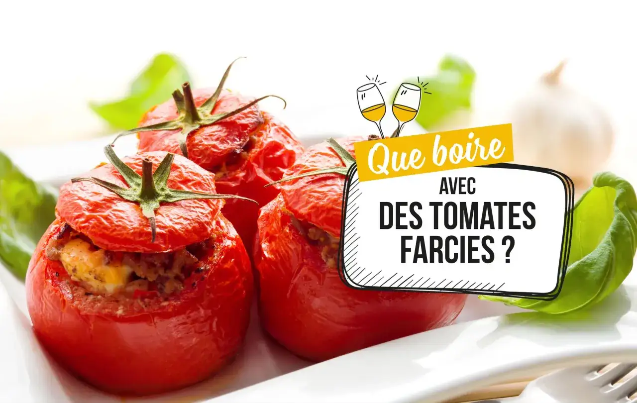 Tomates farcies appétissantes sur une assiette blanche, avec une bulle de texte demandant : quel vin avec tomates farcies ?