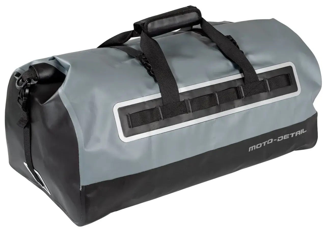 Borsa impermeabile MOTO-DETAIL grigia e nera, ideale per viaggi in moto. Questo roll bag è robusto e capiente.