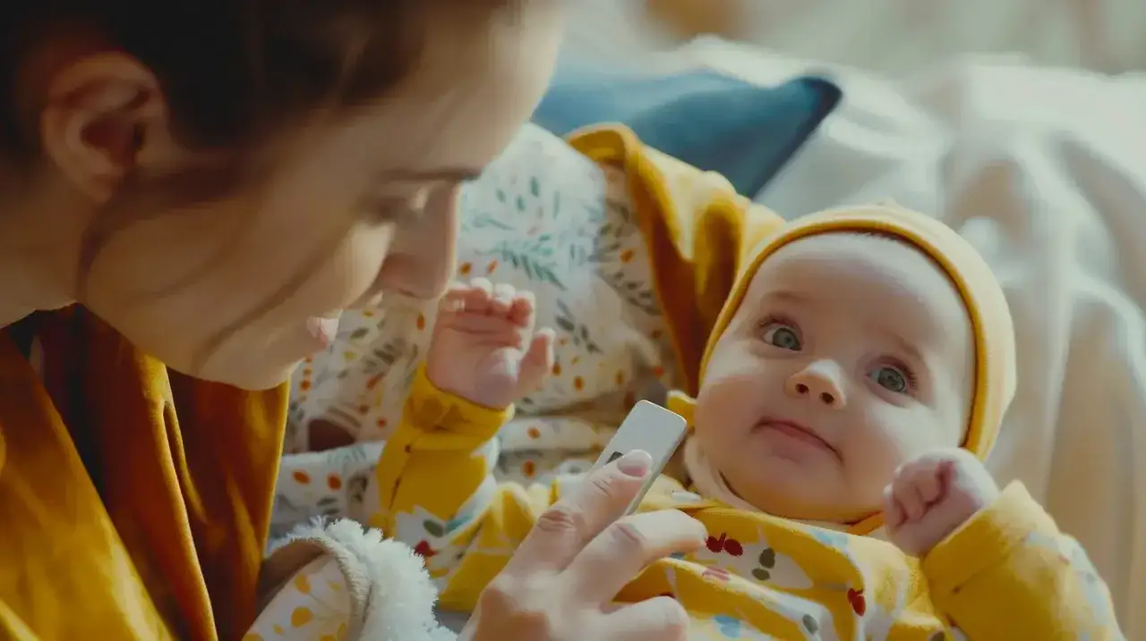 Mama sprawdza temperaturę niemowlaka, który ma lekki stan podgorączkowy.