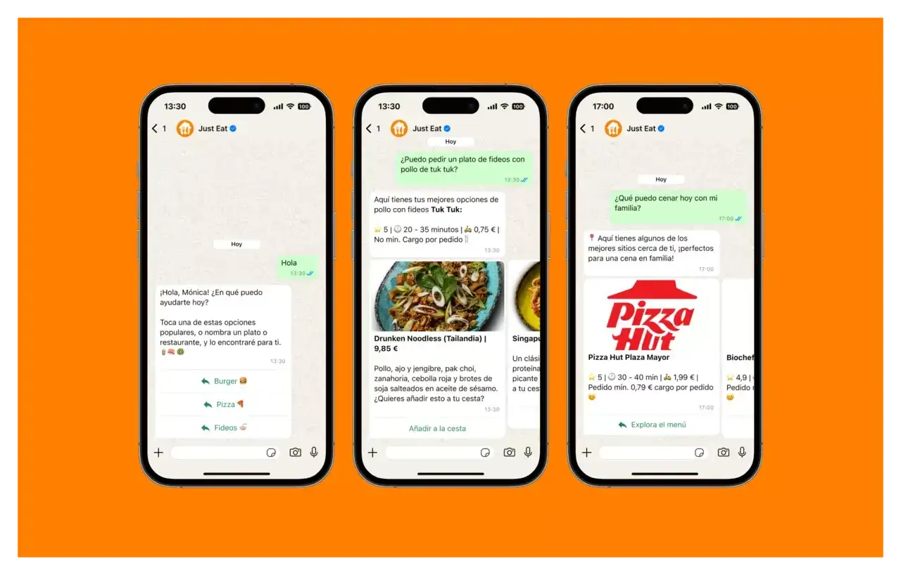 Tres pantallas de m&oacute;vil muestran c&oacute;mo funciona Just Eat: un chatbot ayuda a elegir platos, muestra opciones de comida y restaurantes, y facilita el pedido.