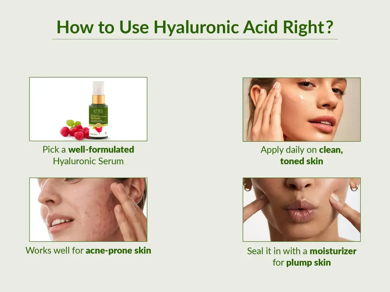 Pour &eacute;viter que l'acide hyaluronique n'ass&egrave;che la peau, choisissez une formule bien con&ccedil;ue et scellez-la avec un hydratant. Image montrant un s&eacute;rum, une application sur le visage, une peau &agrave; probl&egrave;mes et un visage hydrat&eacute;.