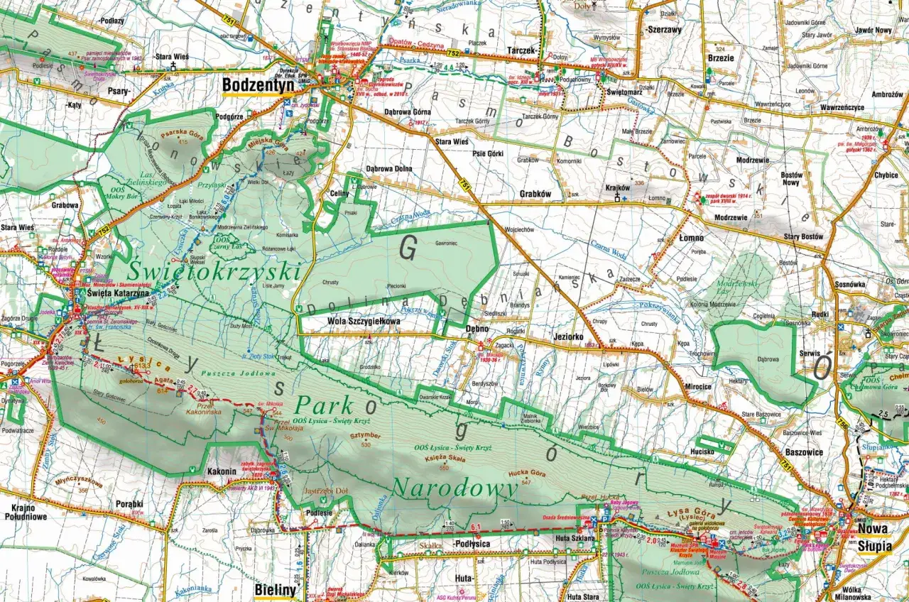 Mapa Gór Świętokrzyskich z zaznaczonymi miejscowościami