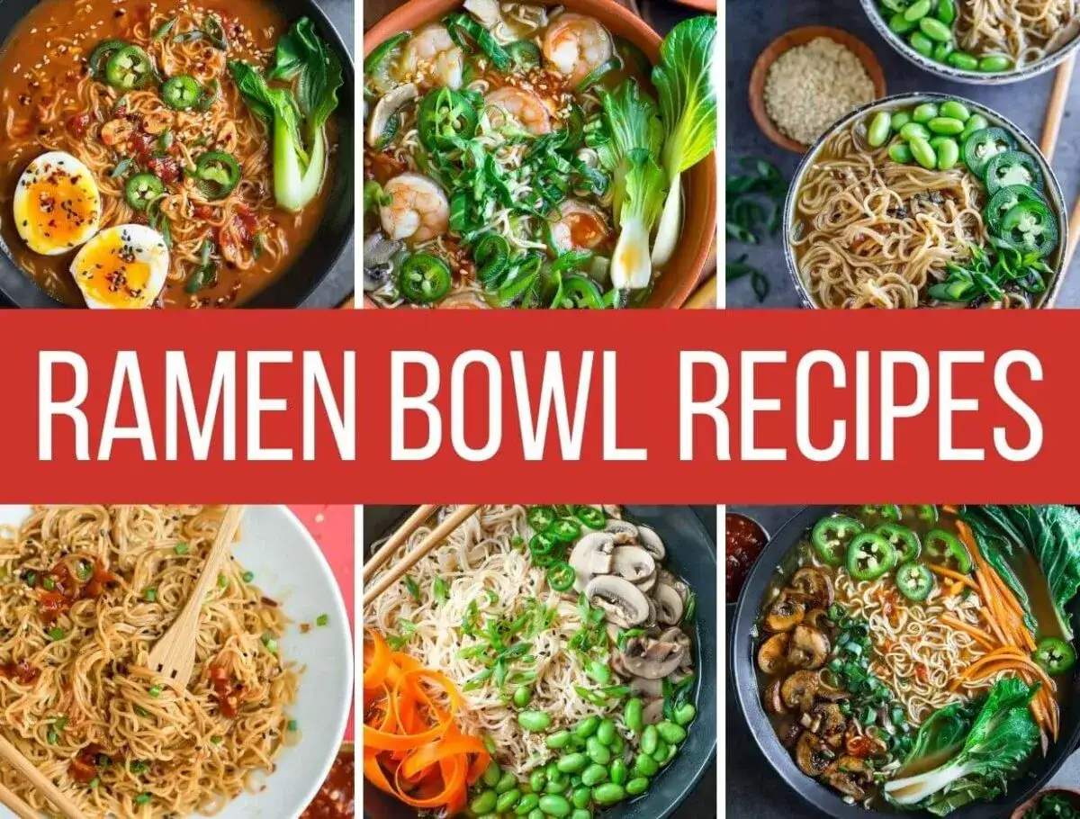 Kolorowe miski z ramen, pokazujące, jak smakuje ramen: z jajkiem, krewetkami, edamame i warzywami.