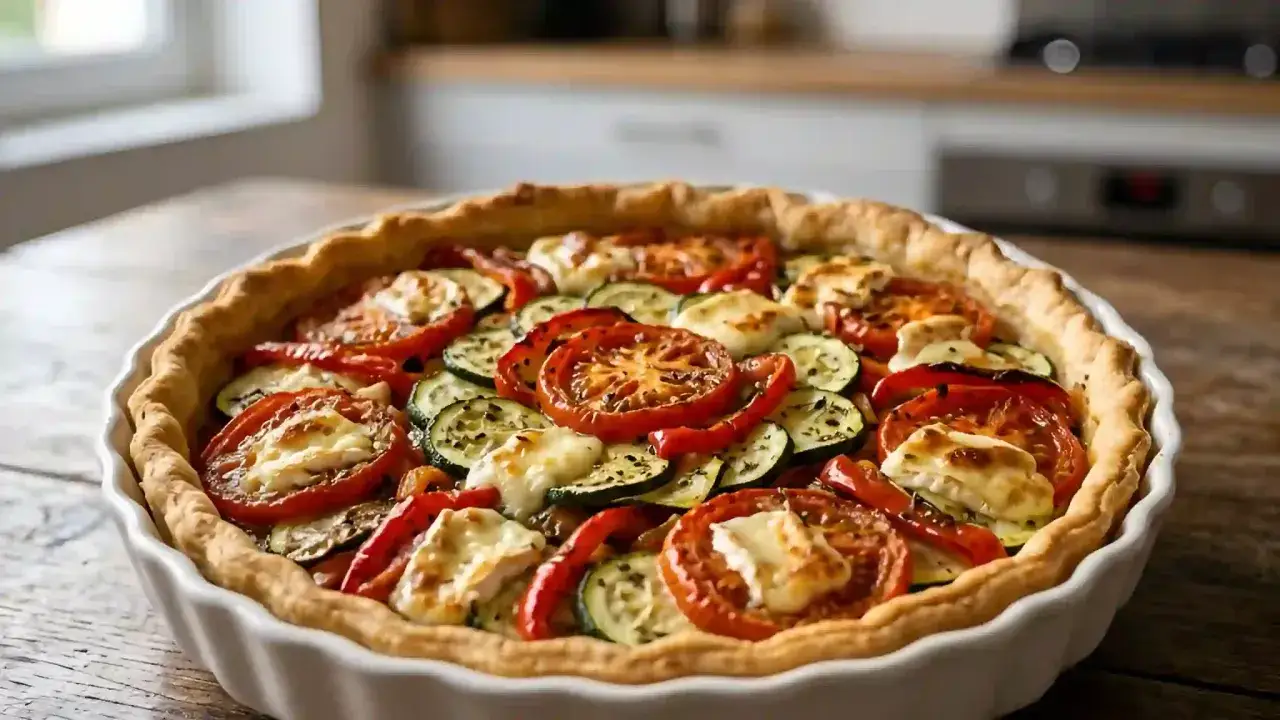 Une d&eacute;licieuse quiche m&eacute;diterran&eacute;enne garnie de tomates, courgettes et poivrons rouges, parsem&eacute;e de fromage fondant.