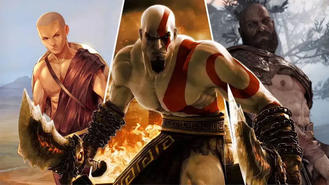 Kratos w różnych odsłonach, od młodego wojownika po brodatego ojca. Marzenie o God of War na Xbox.