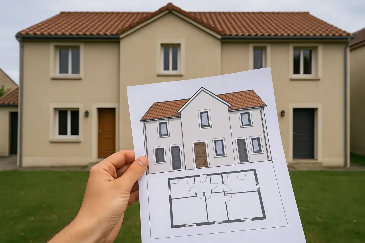 Une main tient un plan d'une maison divisée en 2 logements, devant la maison réelle.