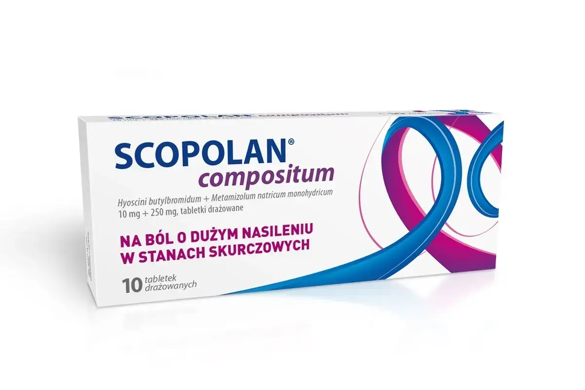 Opakowanie leku Scopolan compositum, 10 tabletek. Pomaga na silny ból i skurcze, jakbyś miał w sobie dolargan.