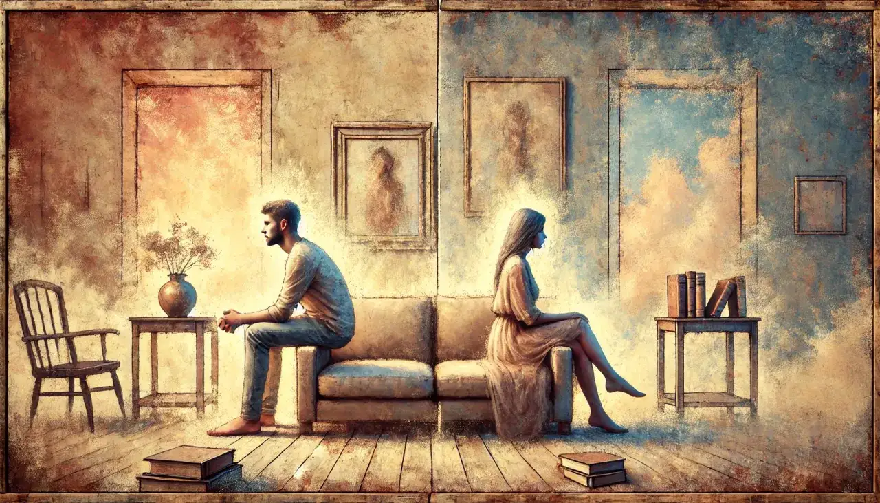 Coppia seduta su un divano, distanti. Un uomo a sinistra, una donna a destra. Forse dovrebbero ricordare che fare l'amore fa bene.